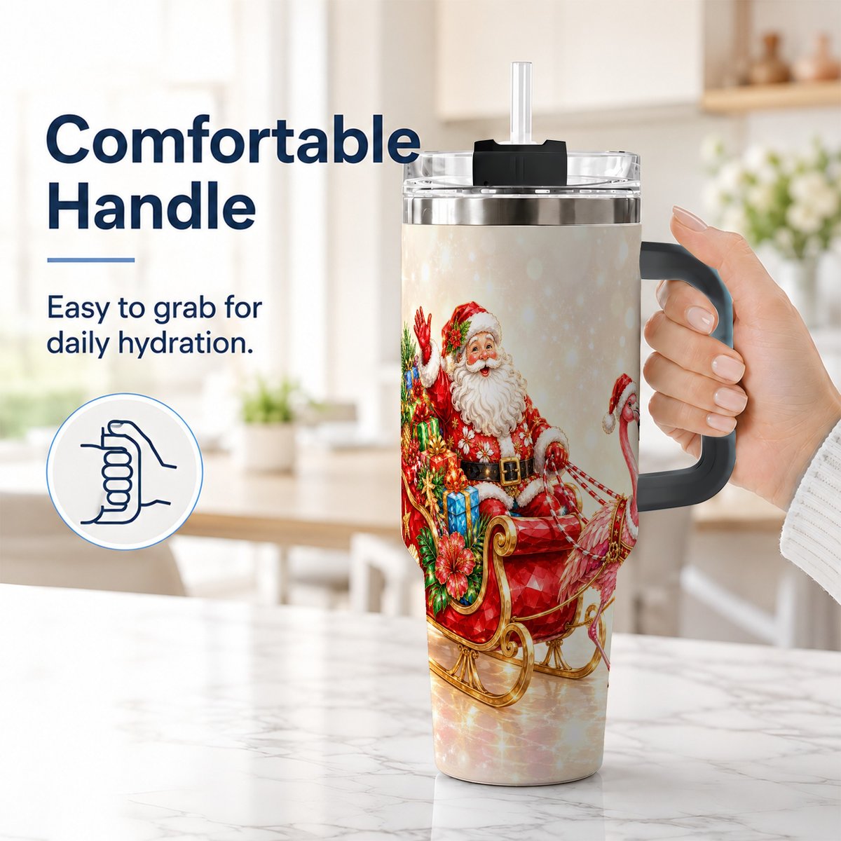 #pl[40oz|Black] Santa Flamingo 40oz Tumbler with Handle, Tropical Christmas