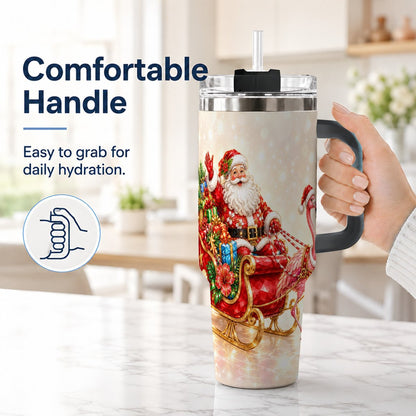 #pl[40oz|Black] Santa Flamingo 40oz Tumbler with Handle, Tropical Christmas