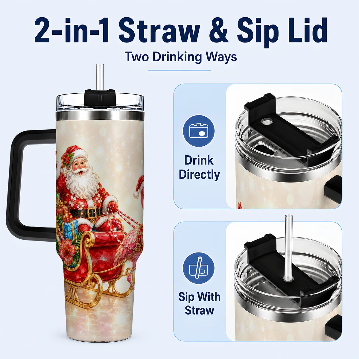 #pl[40oz|Black] Santa Flamingo 40oz Tumbler with Handle, Tropical Christmas