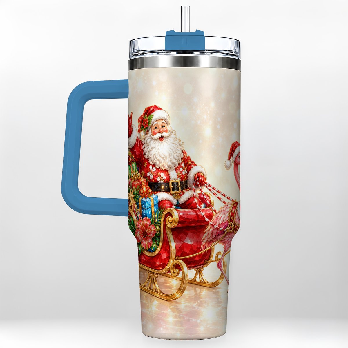 #pl[40oz|Blue] Santa Flamingo 40oz Tumbler with Handle, Tropical Christmas