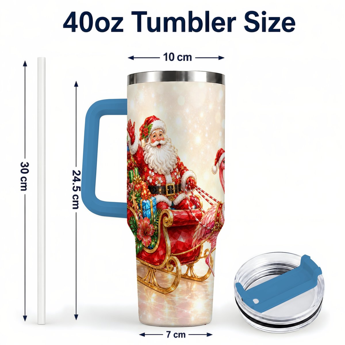 #pl[40oz|Blue] Santa Flamingo 40oz Tumbler with Handle, Tropical Christmas