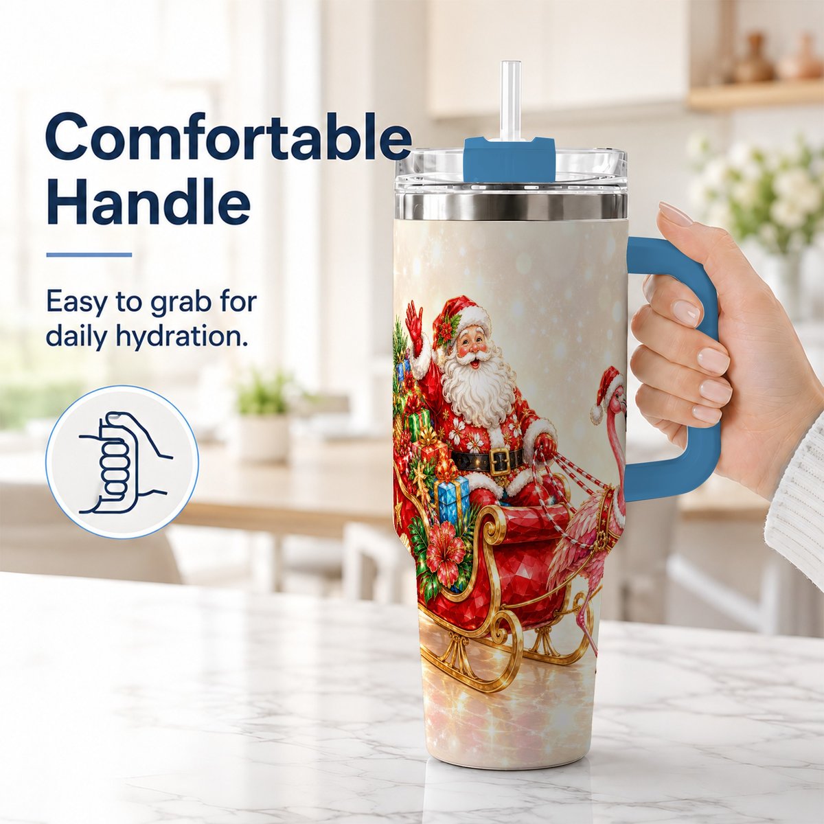 #pl[40oz|Blue] Santa Flamingo 40oz Tumbler with Handle, Tropical Christmas