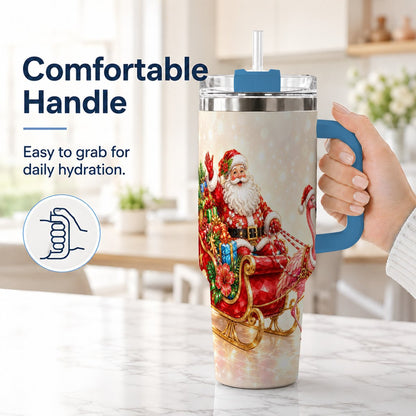#pl[40oz|Blue] Santa Flamingo 40oz Tumbler with Handle, Tropical Christmas