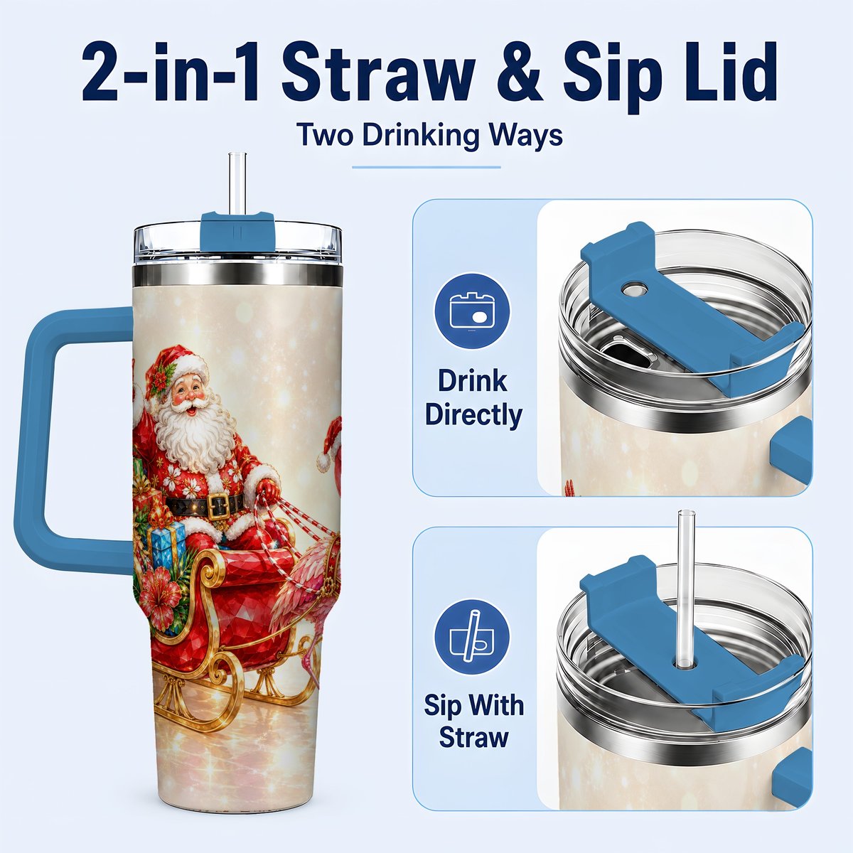 #pl[40oz|Blue] Santa Flamingo 40oz Tumbler with Handle, Tropical Christmas