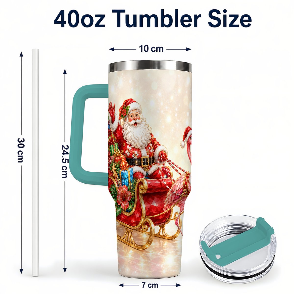 #pl[40oz|Green] Santa Flamingo 40oz Tumbler with Handle, Tropical Christmas