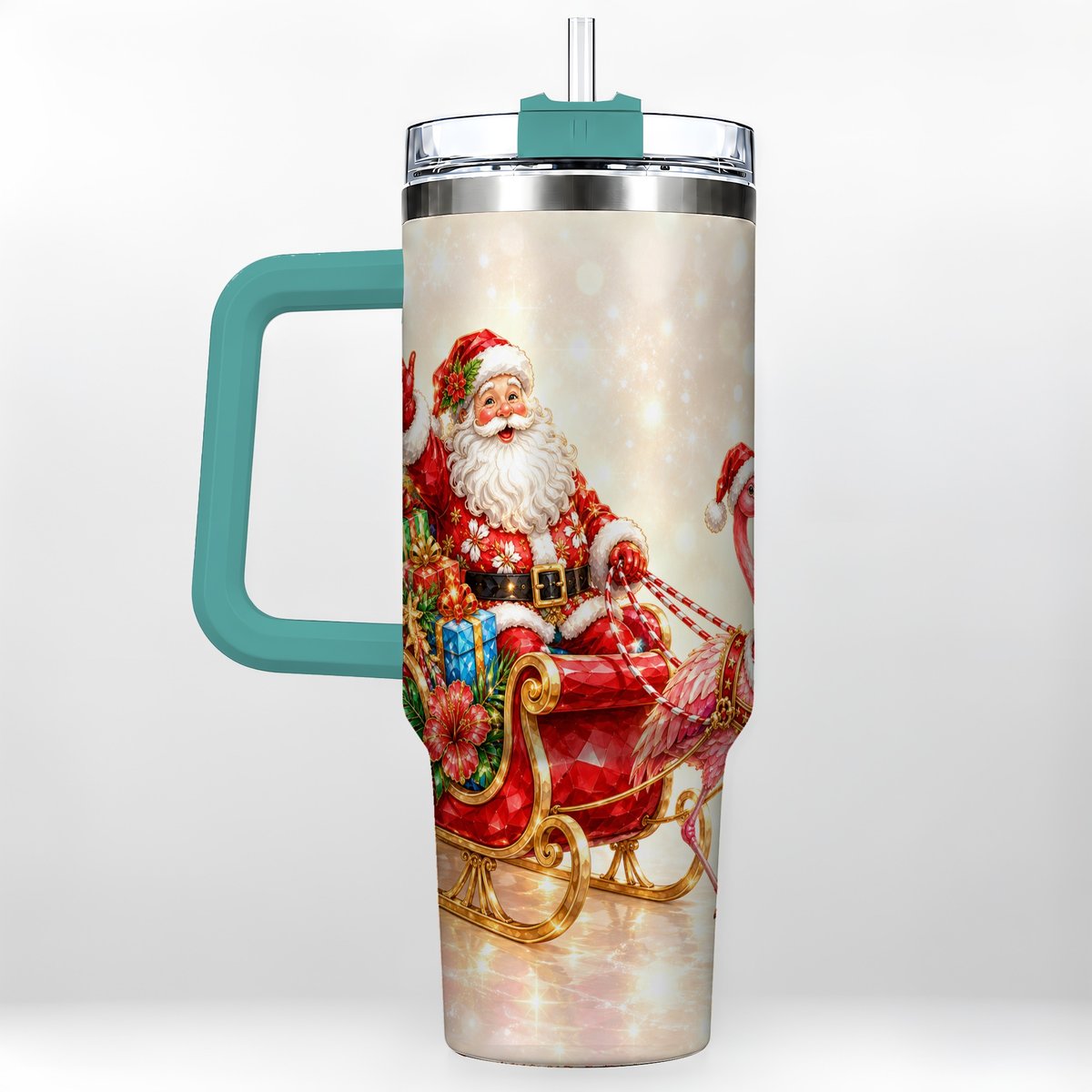 #pl[40oz|Green] Santa Flamingo 40oz Tumbler with Handle, Tropical Christmas