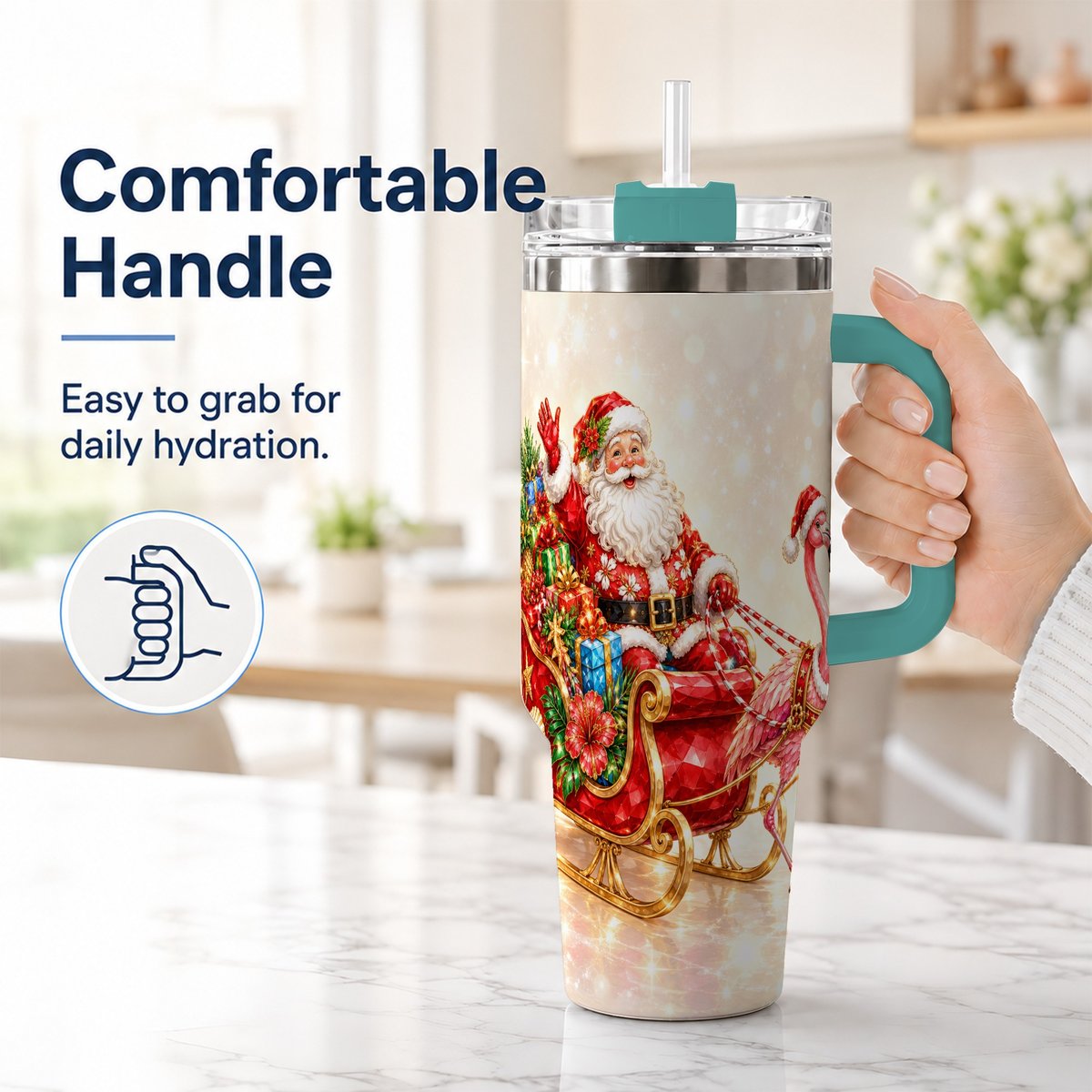 #pl[40oz|Green] Santa Flamingo 40oz Tumbler with Handle, Tropical Christmas
