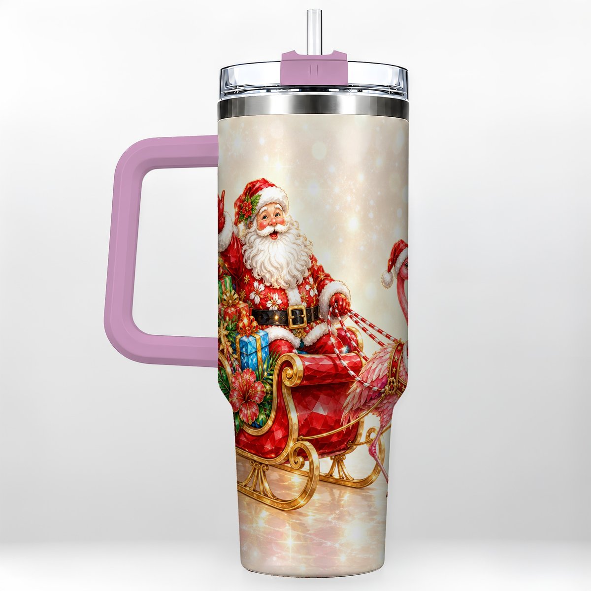 #pl[40oz|Pink] Santa Flamingo 40oz Tumbler with Handle, Tropical Christmas
