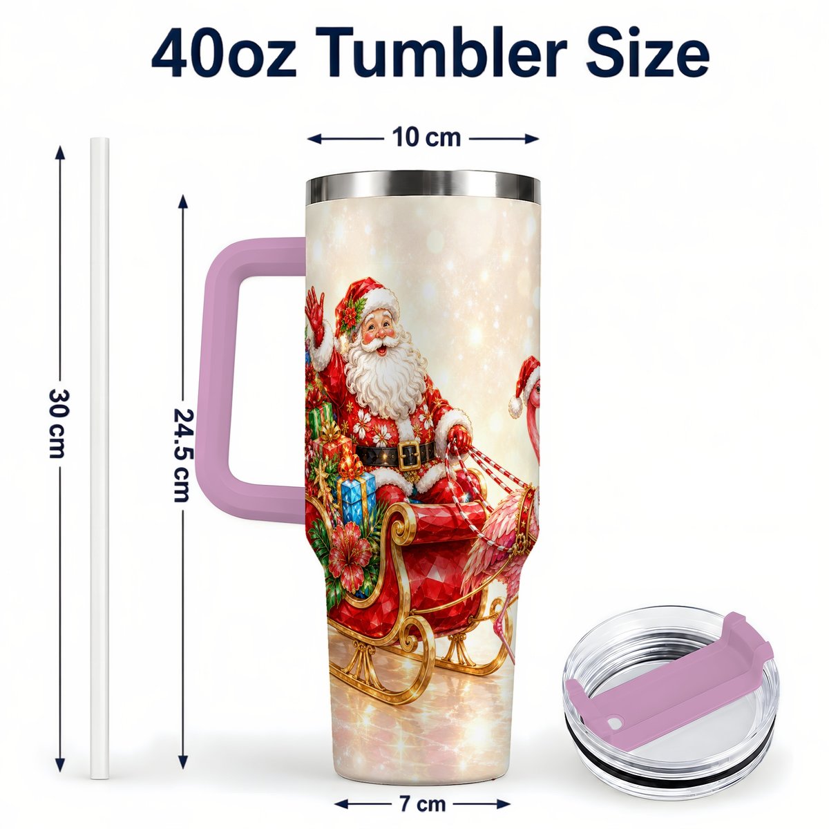 #pl[40oz|Pink] Santa Flamingo 40oz Tumbler with Handle, Tropical Christmas
