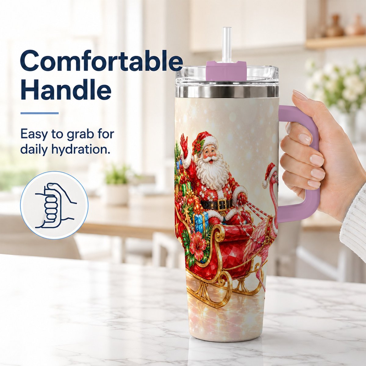 #pl[40oz|Pink] Santa Flamingo 40oz Tumbler with Handle, Tropical Christmas