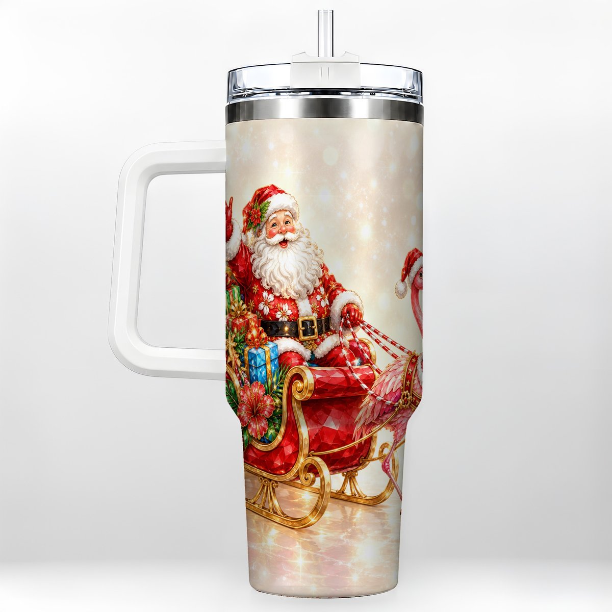 Santa Flamingo 40oz Tumbler with Handle, Tropical Christmas