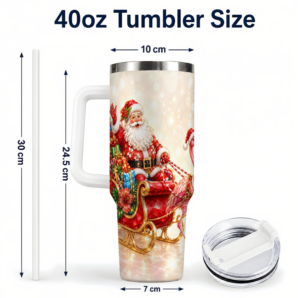 #pl[40oz|White] Santa Flamingo 40oz Tumbler with Handle, Tropical Christmas