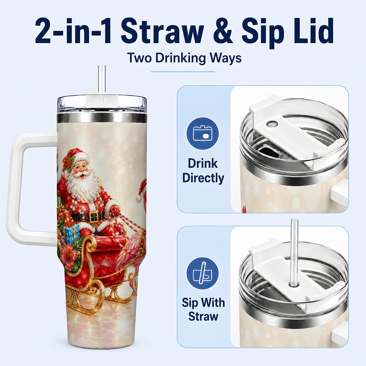 #pl[40oz|White] Santa Flamingo 40oz Tumbler with Handle, Tropical Christmas