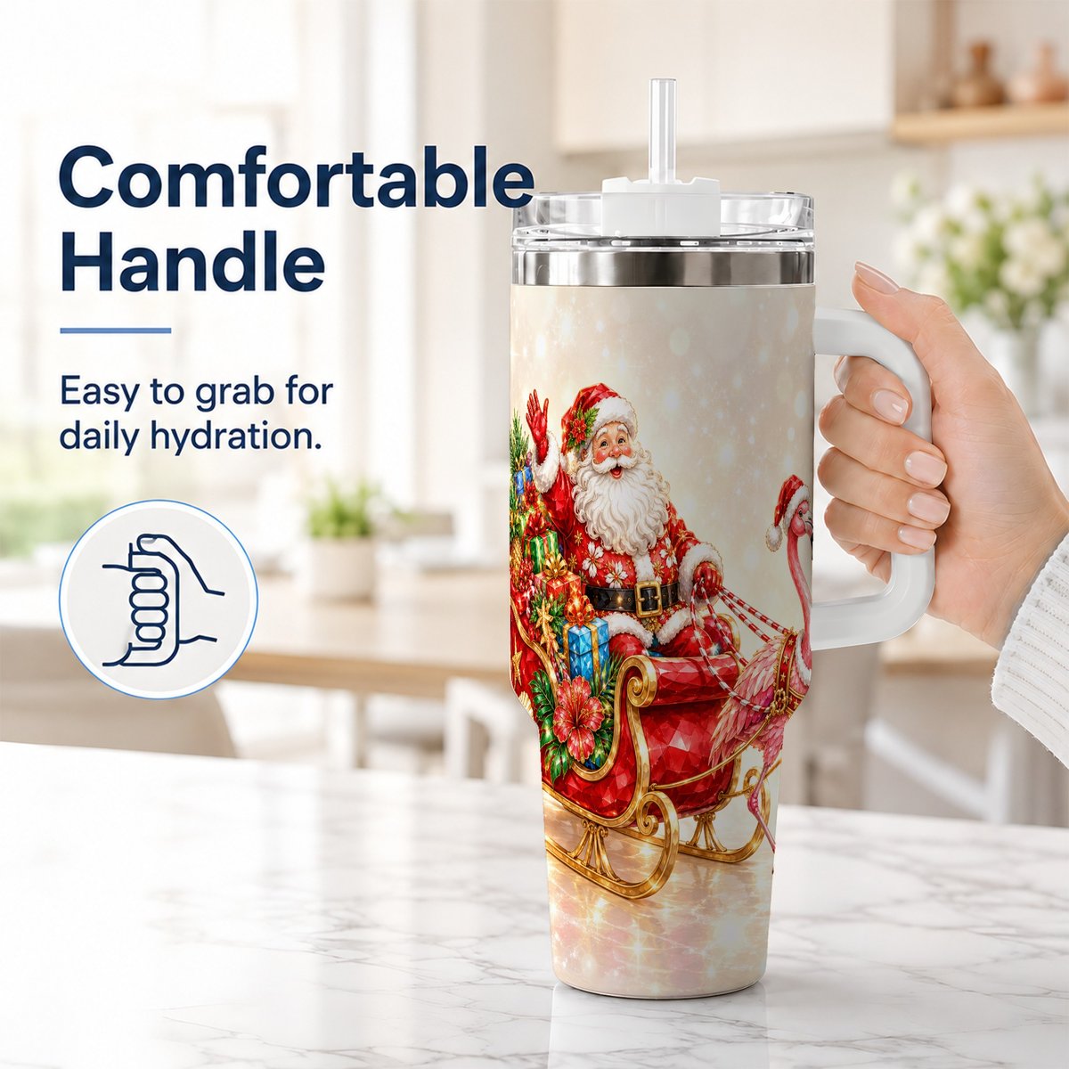 #pl[40oz|White] Santa Flamingo 40oz Tumbler with Handle, Tropical Christmas