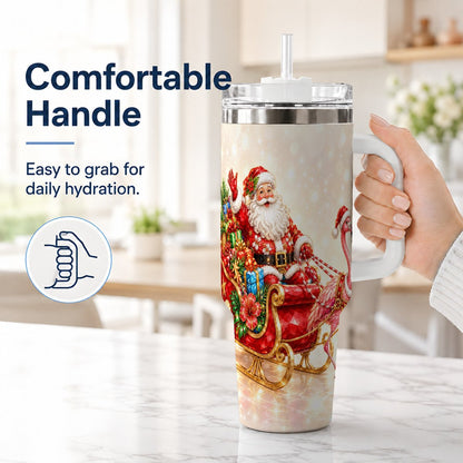 #pl[40oz|White] Santa Flamingo 40oz Tumbler with Handle, Tropical Christmas