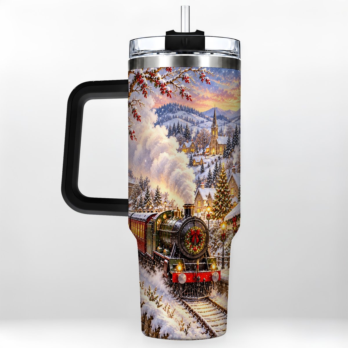#pl[40oz|Black] Christmas Train 40oz Tumbler with Handle, Snowy Village Art