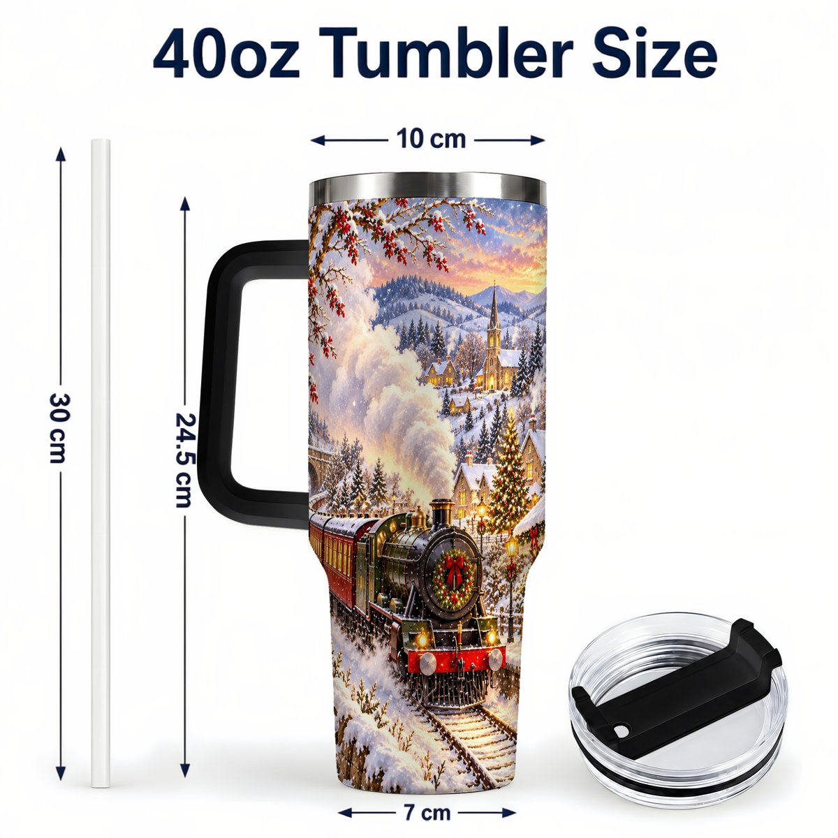 #pl[40oz|Black] Christmas Train 40oz Tumbler with Handle, Snowy Village Art