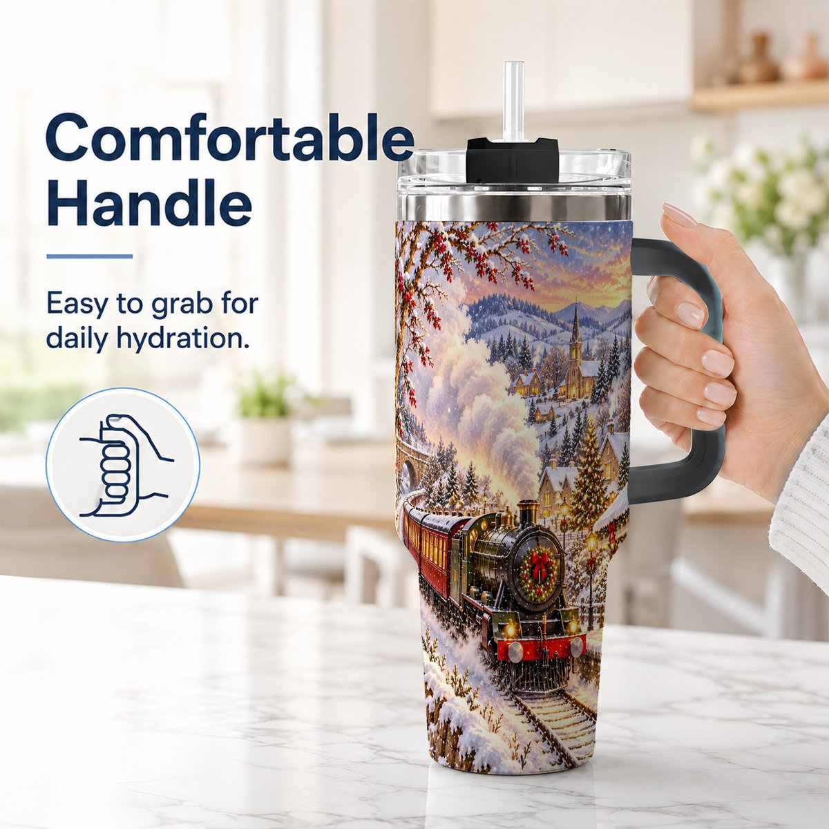 #pl[40oz|Black] Christmas Train 40oz Tumbler with Handle, Snowy Village Art
