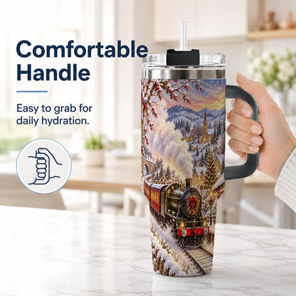 #pl[40oz|Black] Christmas Train 40oz Tumbler with Handle, Snowy Village Art