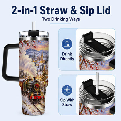 #pl[40oz|Black] Christmas Train 40oz Tumbler with Handle, Snowy Village Art
