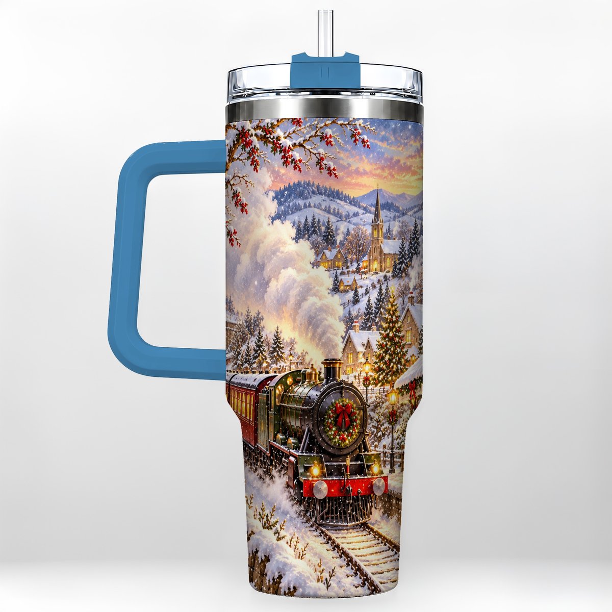 #pl[40oz|Blue] Christmas Train 40oz Tumbler with Handle, Snowy Village Art