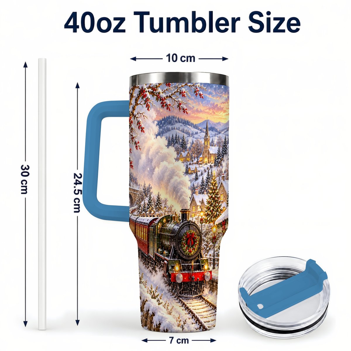 #pl[40oz|Blue] Christmas Train 40oz Tumbler with Handle, Snowy Village Art