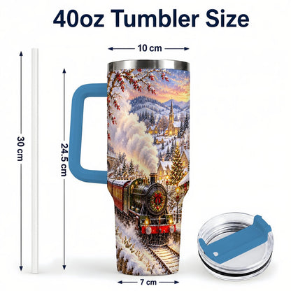 #pl[40oz|Blue] Christmas Train 40oz Tumbler with Handle, Snowy Village Art