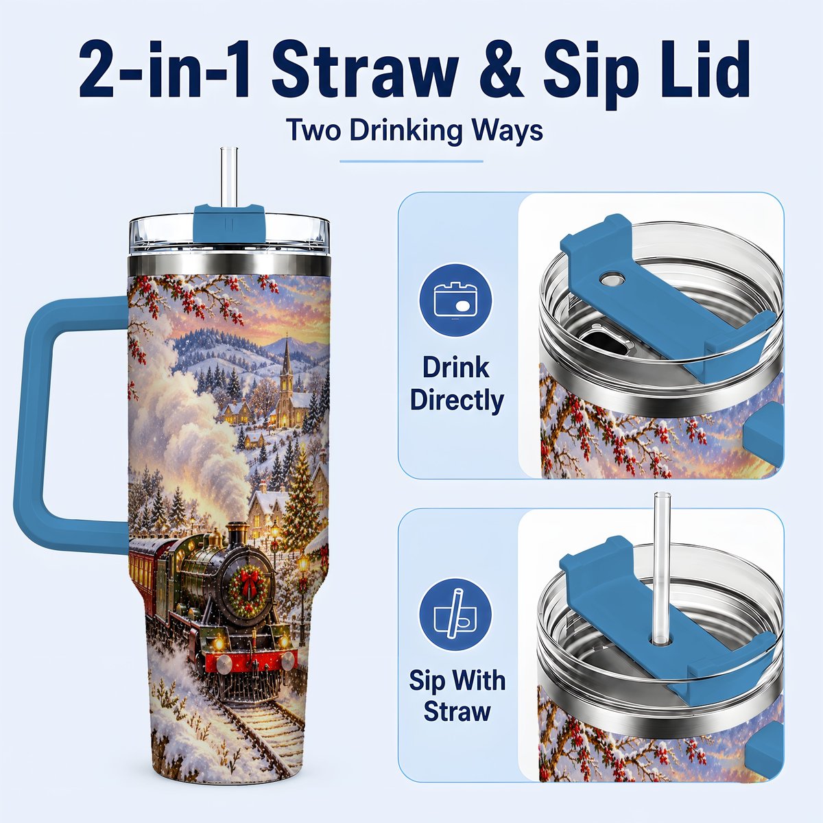 #pl[40oz|Blue] Christmas Train 40oz Tumbler with Handle, Snowy Village Art