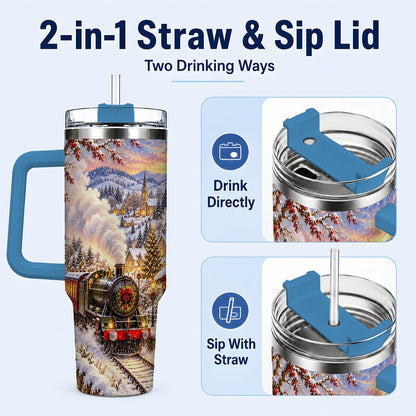 #pl[40oz|Blue] Christmas Train 40oz Tumbler with Handle, Snowy Village Art