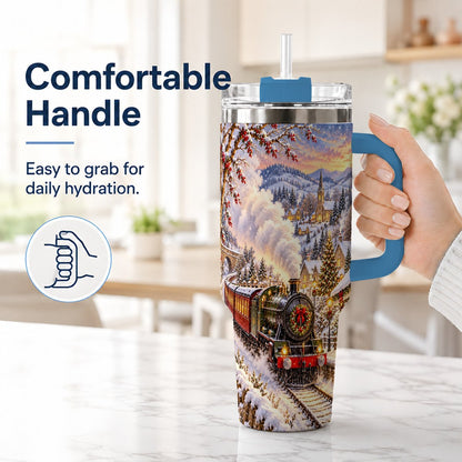 #pl[40oz|Blue] Christmas Train 40oz Tumbler with Handle, Snowy Village Art