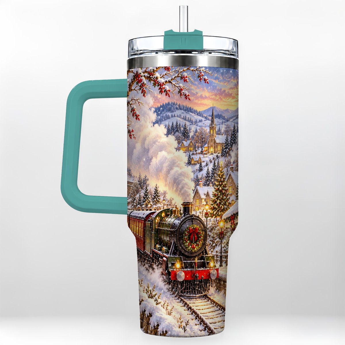 #pl[40oz|Green] Christmas Train 40oz Tumbler with Handle, Snowy Village Art