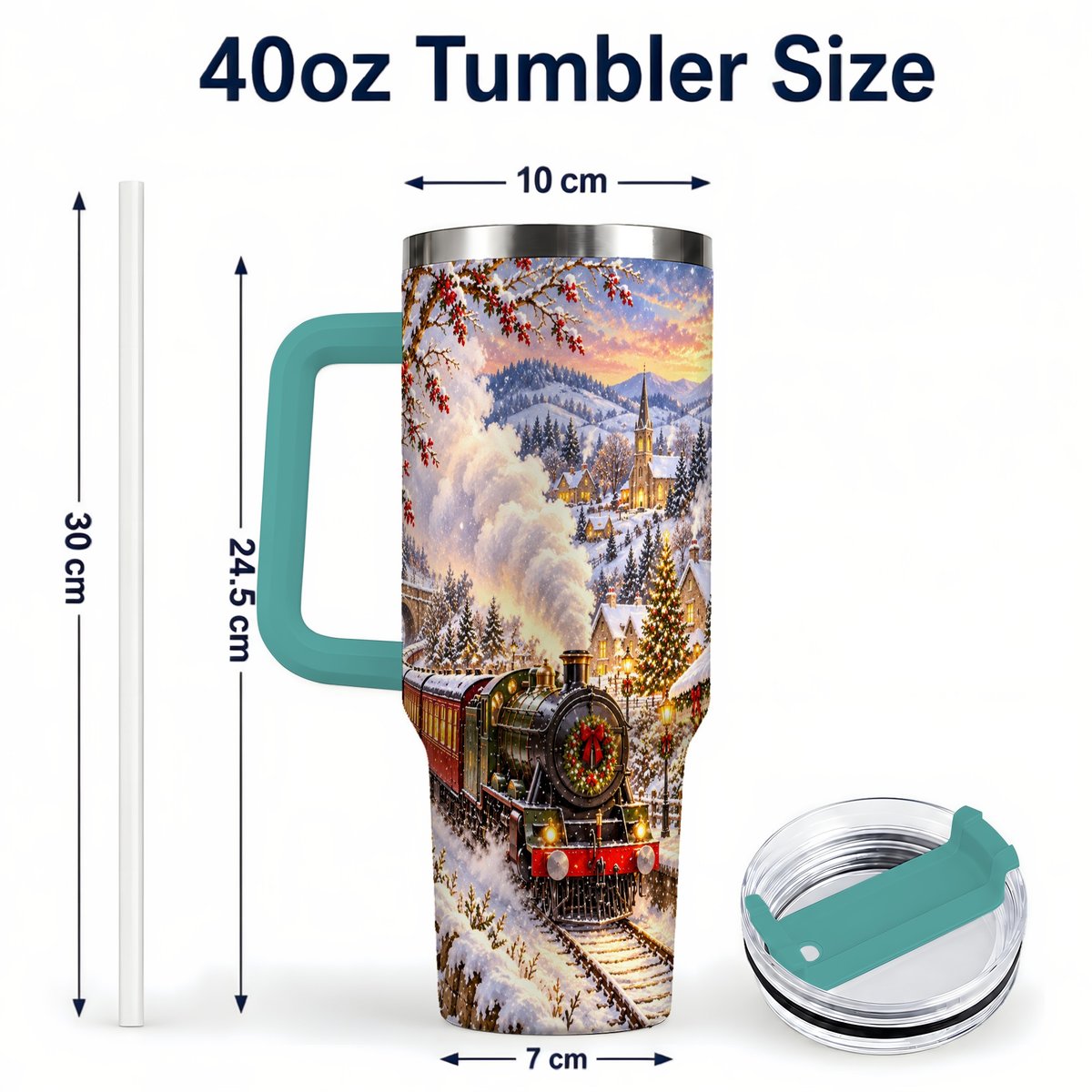 #pl[40oz|Green] Christmas Train 40oz Tumbler with Handle, Snowy Village Art