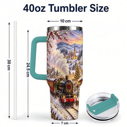 #pl[40oz|Green] Christmas Train 40oz Tumbler with Handle, Snowy Village Art