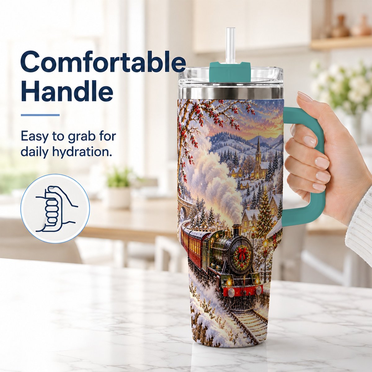 #pl[40oz|Green] Christmas Train 40oz Tumbler with Handle, Snowy Village Art
