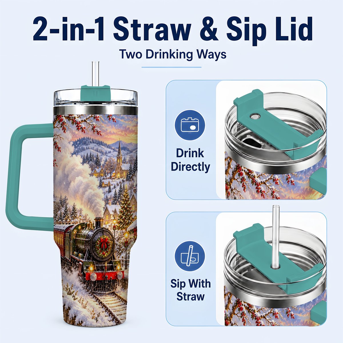 #pl[40oz|Green] Christmas Train 40oz Tumbler with Handle, Snowy Village Art