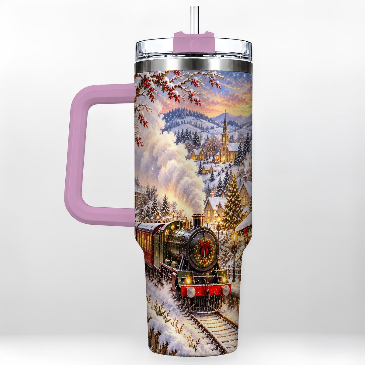 #pl[40oz|Pink] Christmas Train 40oz Tumbler with Handle, Snowy Village Art
