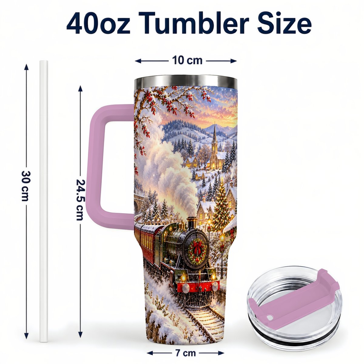 #pl[40oz|Pink] Christmas Train 40oz Tumbler with Handle, Snowy Village Art