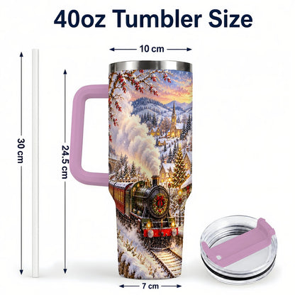 #pl[40oz|Pink] Christmas Train 40oz Tumbler with Handle, Snowy Village Art