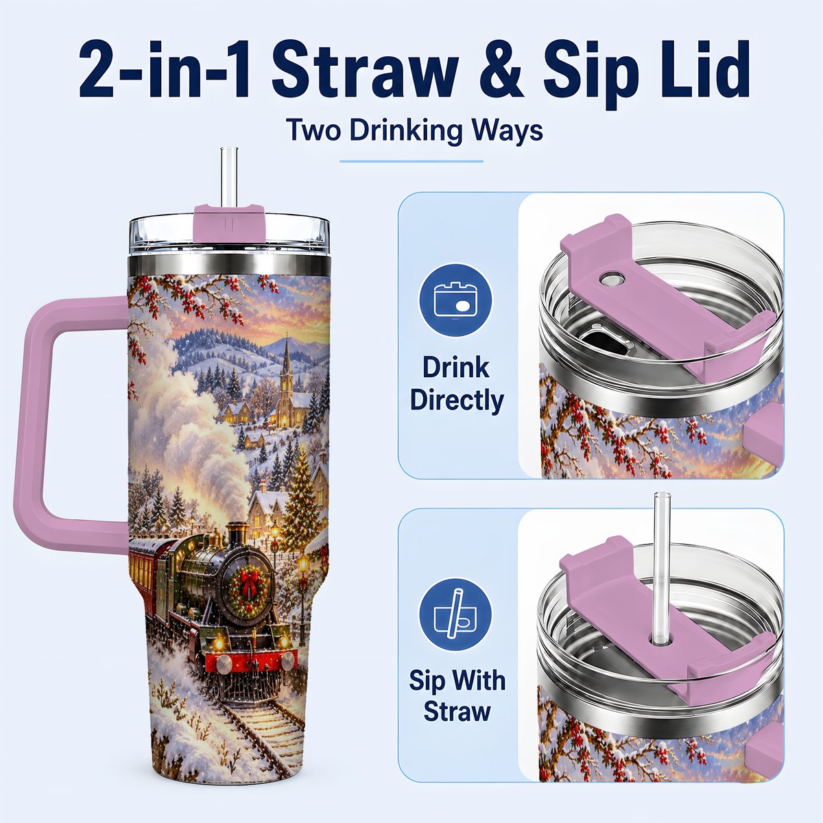 #pl[40oz|Pink] Christmas Train 40oz Tumbler with Handle, Snowy Village Art