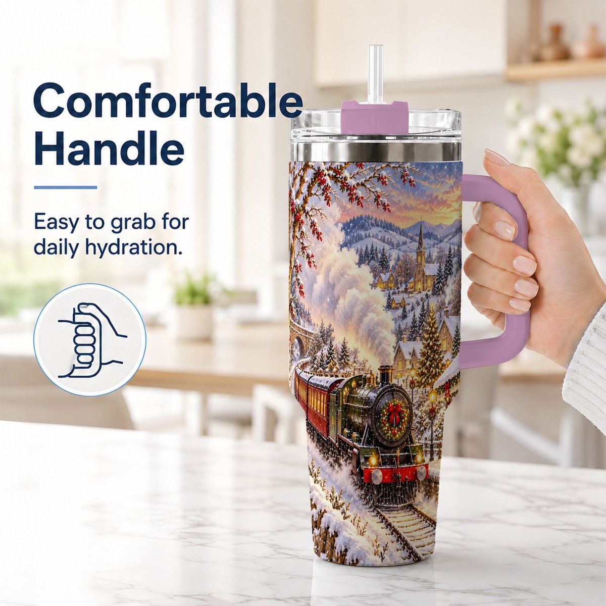 #pl[40oz|Pink] Christmas Train 40oz Tumbler with Handle, Snowy Village Art