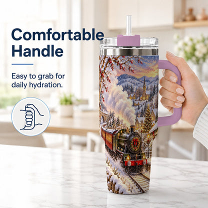 #pl[40oz|Pink] Christmas Train 40oz Tumbler with Handle, Snowy Village Art