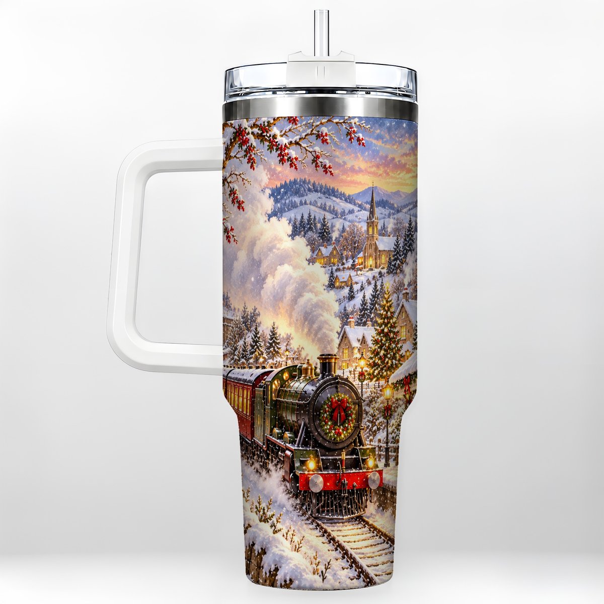 Christmas Train 40oz Tumbler with Handle, Snowy Village Art