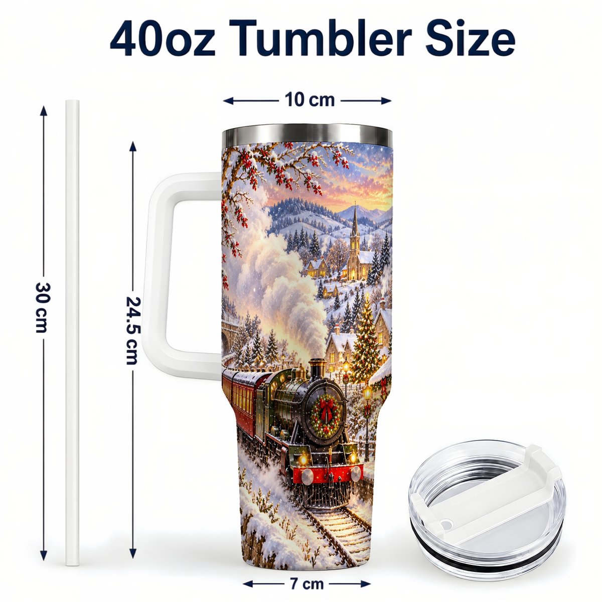 #pl[40oz|White] Christmas Train 40oz Tumbler with Handle, Snowy Village Art