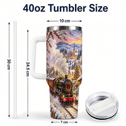 #pl[40oz|White] Christmas Train 40oz Tumbler with Handle, Snowy Village Art