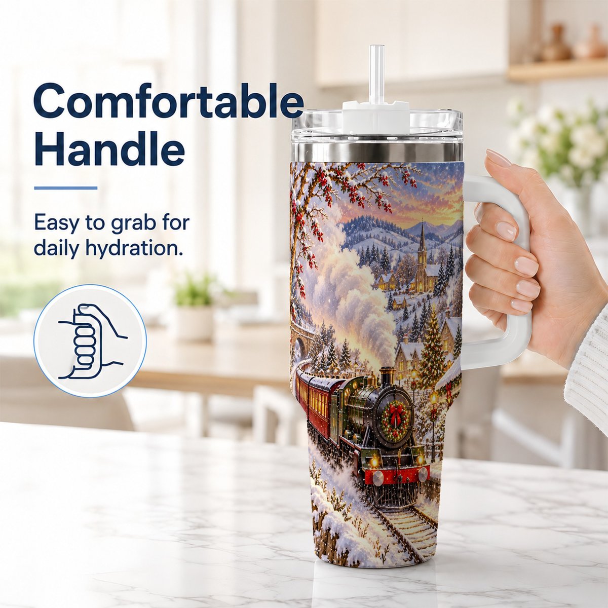 #pl[40oz|White] Christmas Train 40oz Tumbler with Handle, Snowy Village Art