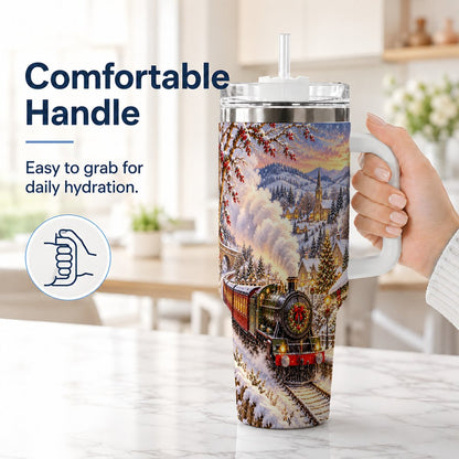 #pl[40oz|White] Christmas Train 40oz Tumbler with Handle, Snowy Village Art