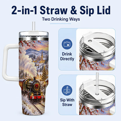 #pl[40oz|White] Christmas Train 40oz Tumbler with Handle, Snowy Village Art