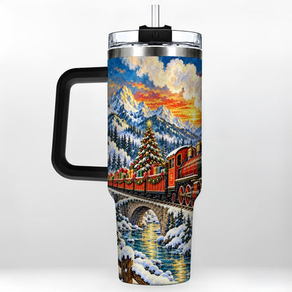 #pl[40oz|Black] Christmas Railway 40oz Tumbler with Handle, Winter Mountain Art