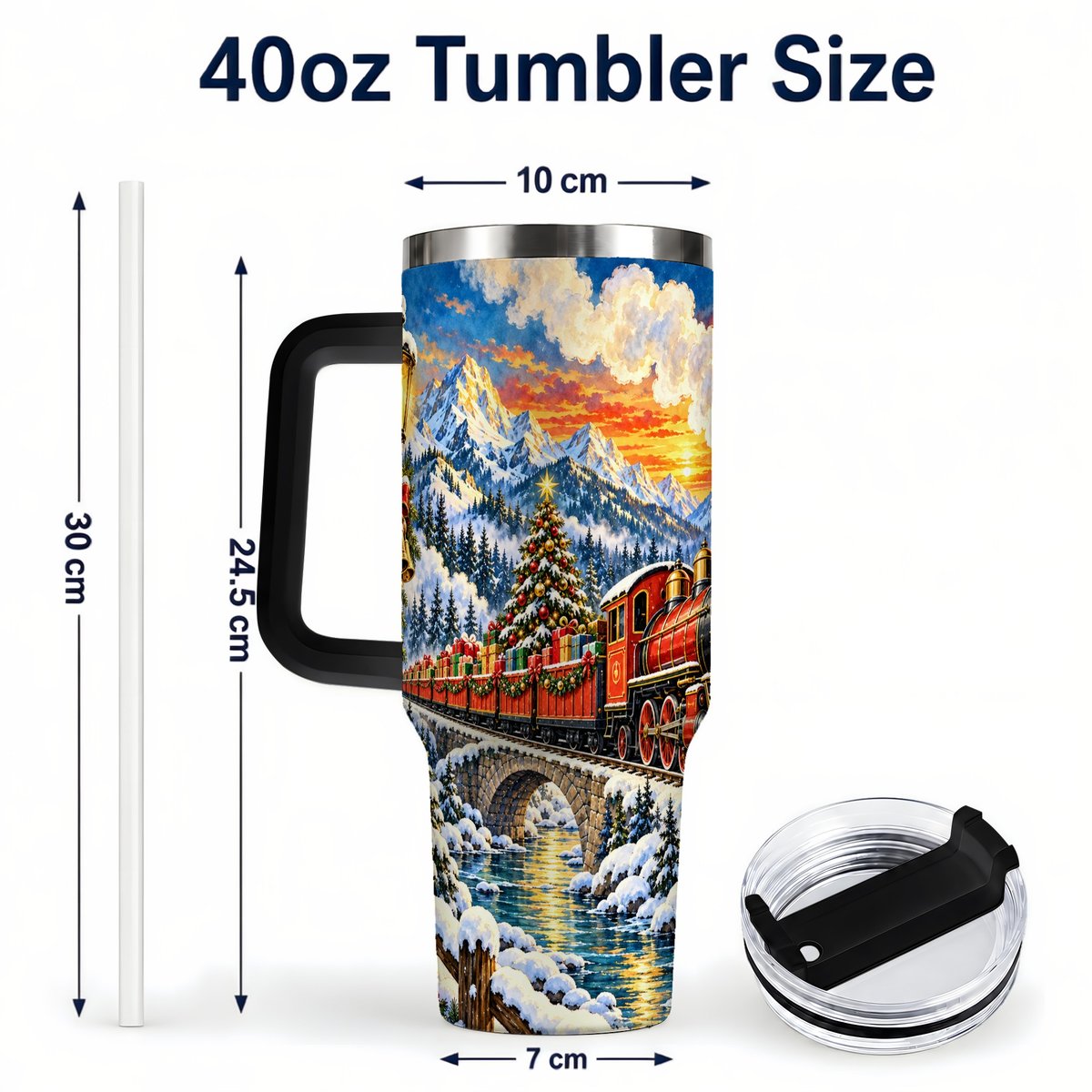 #pl[40oz|Black] Christmas Railway 40oz Tumbler with Handle, Winter Mountain Art
