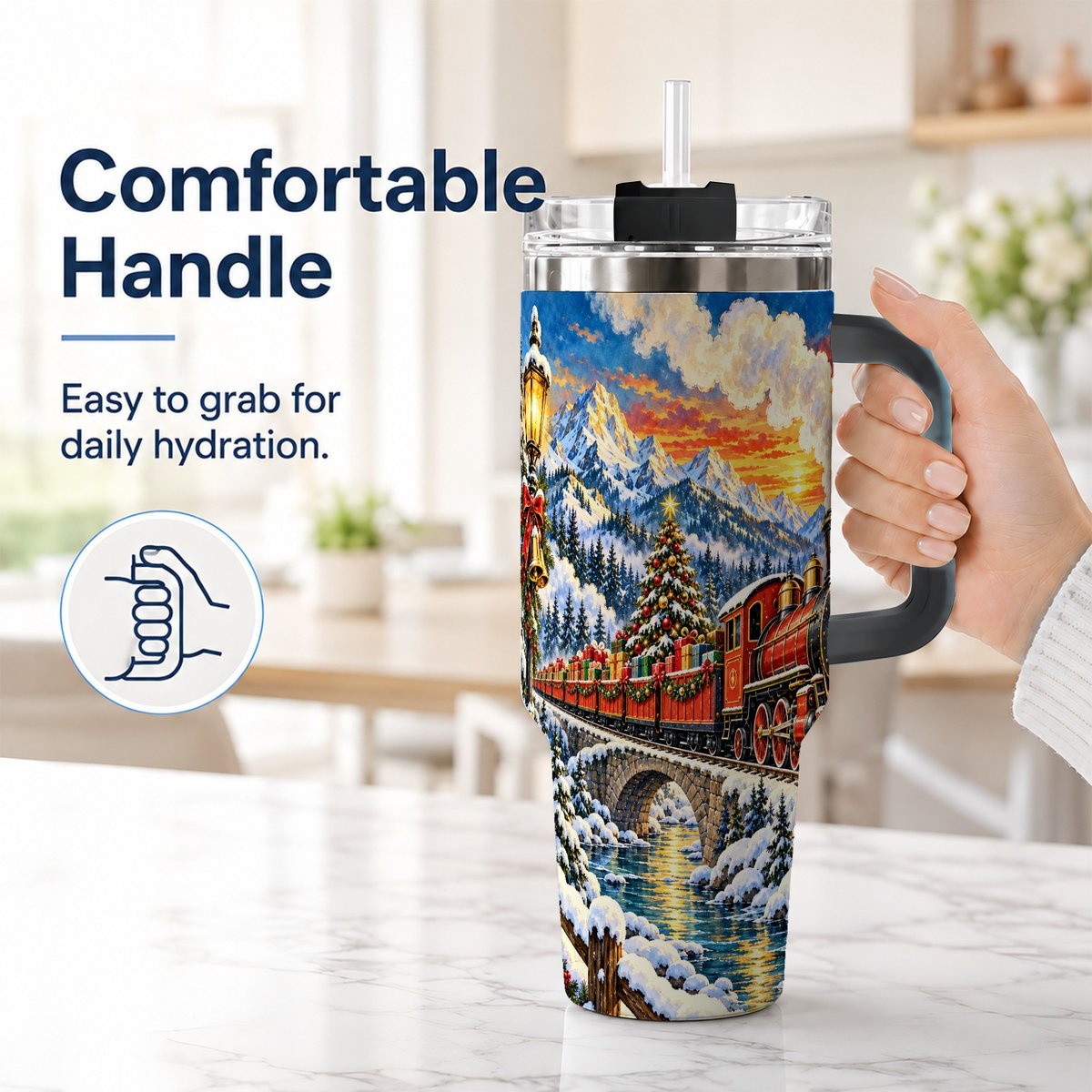 #pl[40oz|Black] Christmas Railway 40oz Tumbler with Handle, Winter Mountain Art